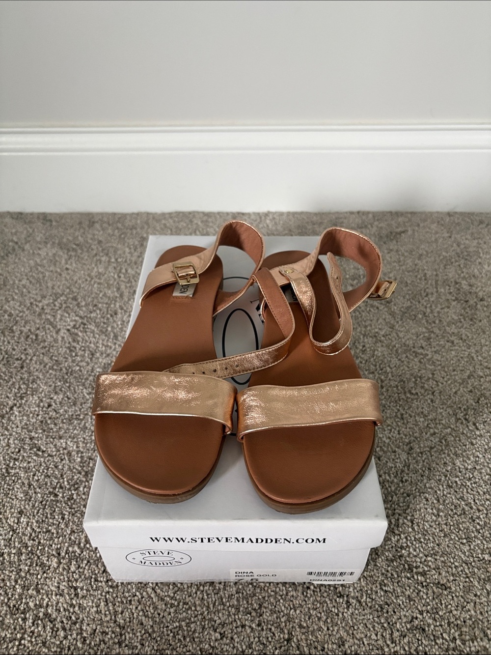 Steve Madden Metallic Rose Gold Ankle-Strap Flat Sandals